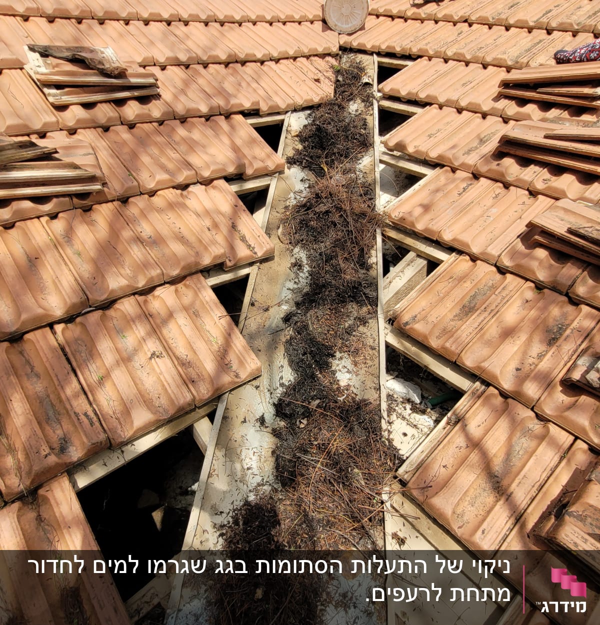 גג רעפים עם דלי, צינור ופסולת על הגג